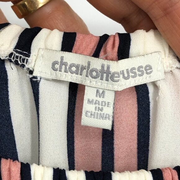 Charlotte Russe Blush Toned Pin Striped Off The Shoulder Short Romper size M - Picture 4 of 16